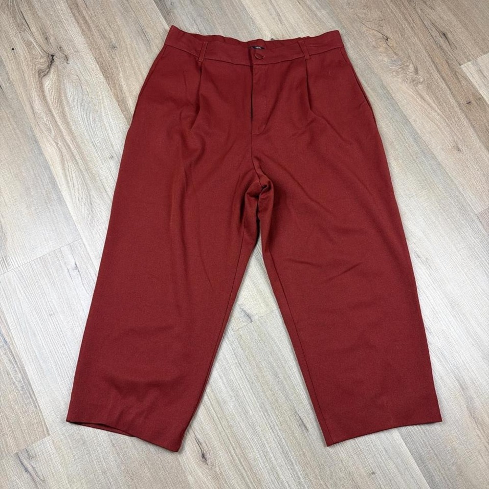 Zara TRF Women's Rust Cropped Wide Leg Pleated Trousers Pants Size Large